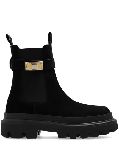 Dolce & Gabbana Calfskin Ankle Boots With Branded Strap In Black