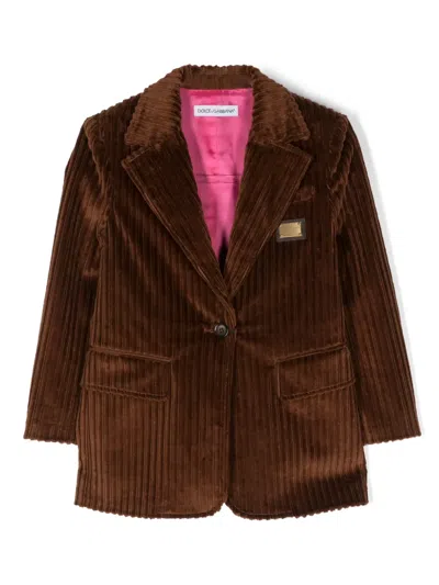 Dolce & Gabbana Kids' Logo-plaque Corduroy Blazer In Brown