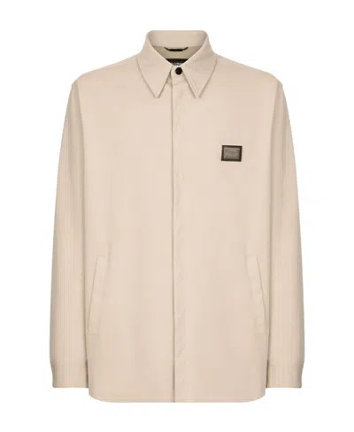 Dolce & Gabbana Logo-plaque Cotton-blend Shirt In Beige