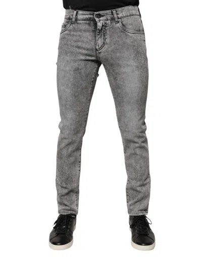 Dolce & Gabbana Logo Plaque Cotton Slim Fit Blue Men's Jeans In Gray