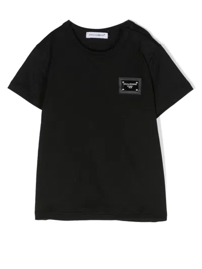 Dolce & Gabbana Babies' Logo Plaque Cotton T-shirt In Black