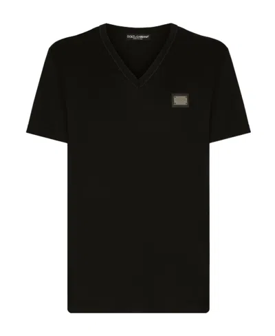 DOLCE & GABBANA DOLCE  GABBANA LOGO PATCH V-NECK T-SHIRT