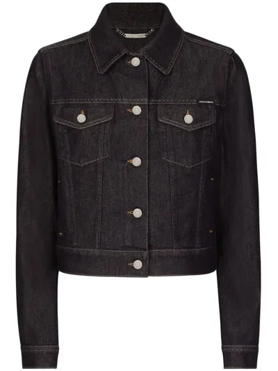 DOLCE & GABBANA LOGO-PLAQUE CROPPED DENIM JACKET