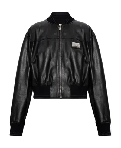 Dolce & Gabbana Logo-plaque Cropped Leather Jacket In Black