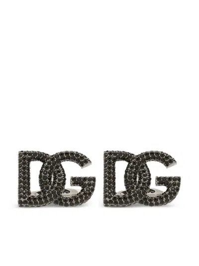 Dolce & Gabbana Logo-plaque Crystal-embellished Cufflinks In Black