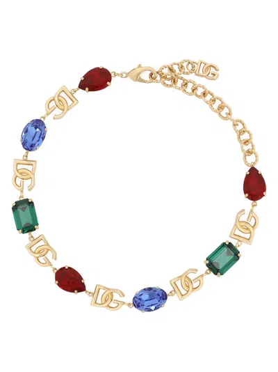 Dolce & Gabbana Logo-plaque Crystal-embellished Necklace In Gold