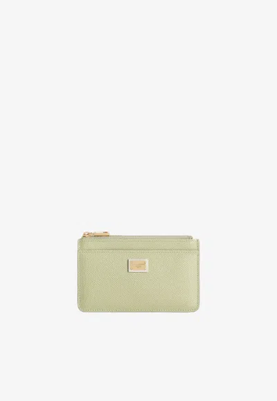 Dolce & Gabbana Logo Plaque Dauphine Calfskin Zip Cardholder In Green