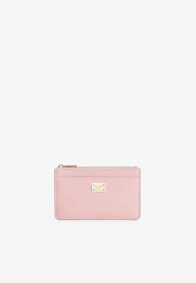 Dolce & Gabbana Logo Plaque Dauphine Calfskin Zip Cardholder In Pink