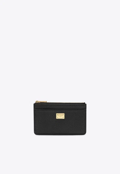 Dolce & Gabbana Logo Plaque Dauphine Leather Cardholder In Black