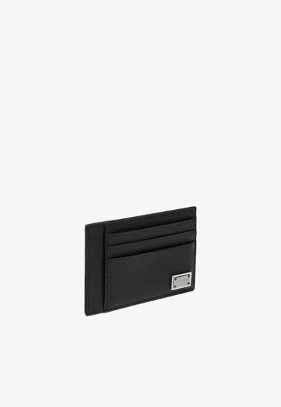 Dolce & Gabbana Logo Plaque Dauphine Leather Cardholder In Black