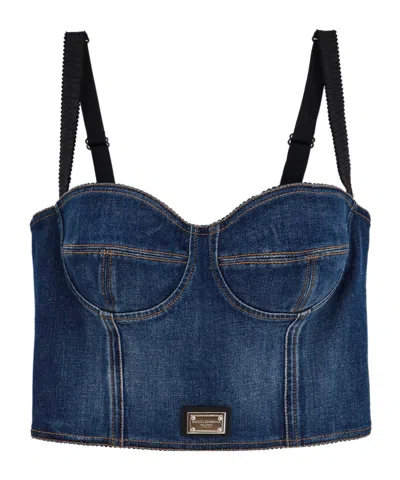 Dolce & Gabbana Logo-plaque Denim Crop Top In Blue