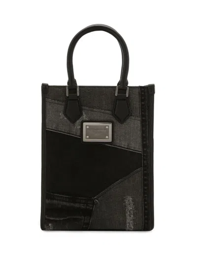 Dolce & Gabbana Logo-plaque Denim Mini Bag In Black