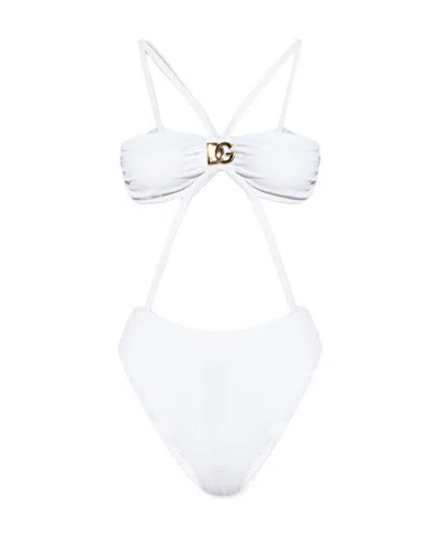 Dolce & Gabbana Logo Plaque Cut-out Swimsuit In White