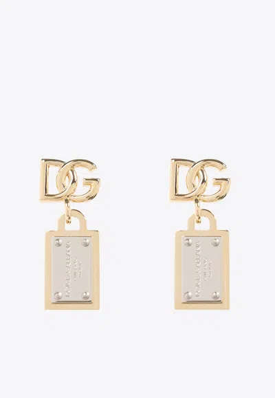 Dolce & Gabbana Logo Plaque Dg Logo Drop Earrings In Gold