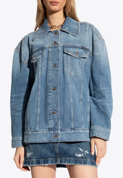 Dolce & Gabbana Logo Plaque Distressed Denim Jacket In Blue