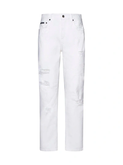 Dolce & Gabbana Logo Plaque Distressed Jeans In White