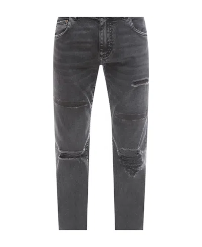 Dolce & Gabbana Logo-plaque Distressed Jeans In Black