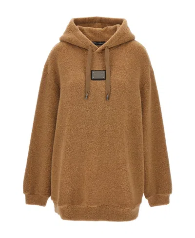 Dolce & Gabbana Logo-plaque Fleece-knit Jumper In Brown