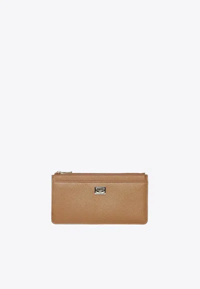 Dolce & Gabbana Logo Plaque Grained Leather Cardholder In Beige