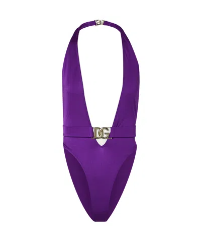 Dolce & Gabbana Logo-plaque Halterneck Swimsuit In Purple