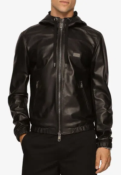 Dolce & Gabbana Logo Plaque Hooded Leather Jacket In Black