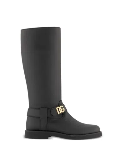 DOLCE & GABBANA LOGO-PLAQUE LEATHER BOOTS