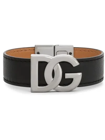 Dolce & Gabbana Logo-plaque Leather Bracelet In Black