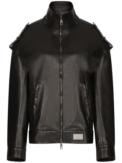 DOLCE & GABBANA LOGO-PLAQUE LEATHER JACKET