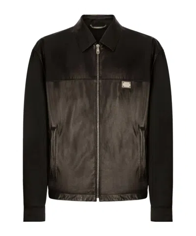 DOLCE & GABBANA LOGO-PLAQUE LEATHER JACKET