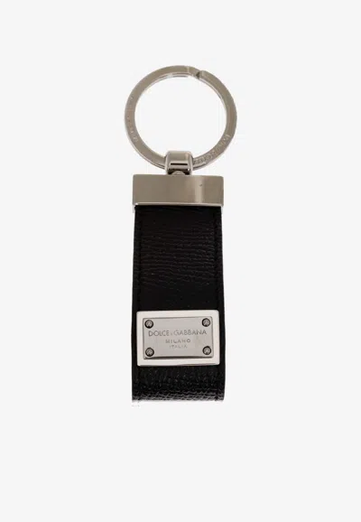 Dolce & Gabbana Logo Plaque Leather Keyring In Black