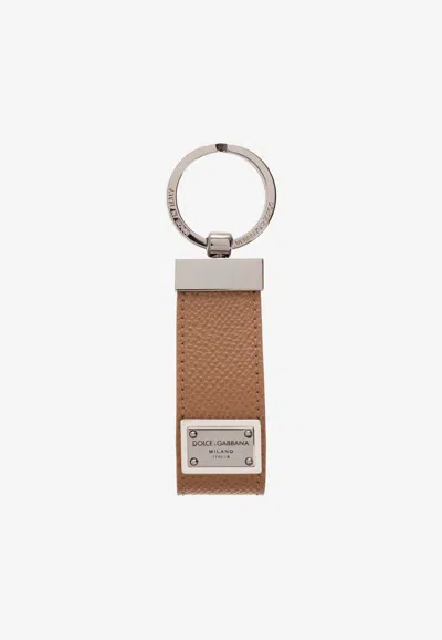 Dolce & Gabbana Logo Plaque Leather Keyring In Brown