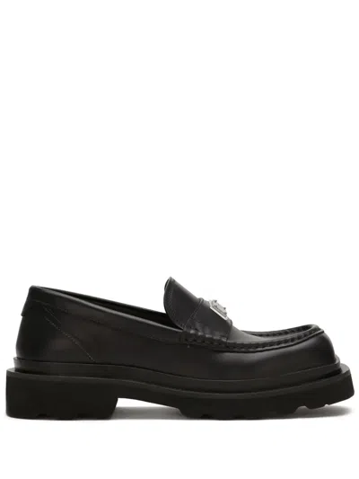 Dolce & Gabbana Black Logo-plaque Leather Loafers.