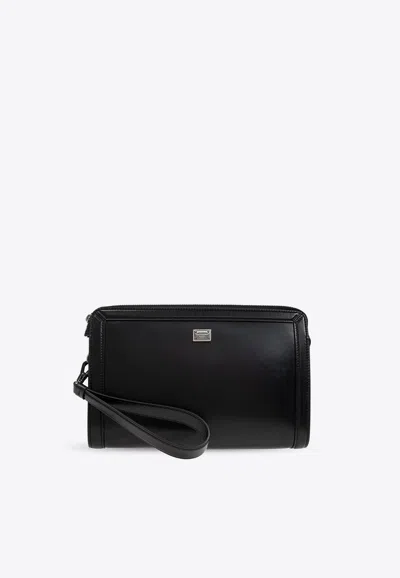 Dolce & Gabbana Logo Plaque Leather Pouch Bag In Black