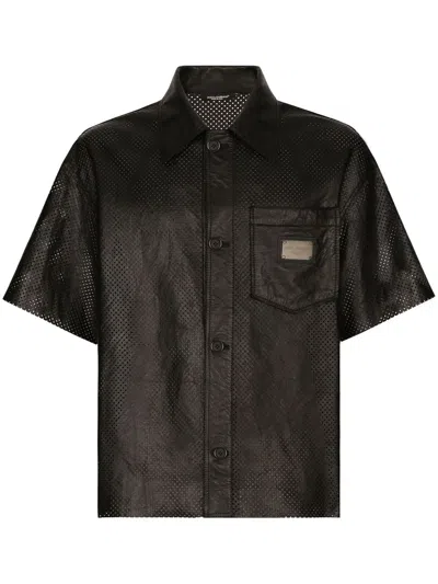 Dolce & Gabbana Logo-plaque Leather Shirt In Black