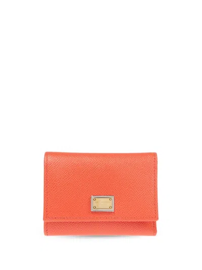 Dolce & Gabbana Tri-fold Logo Plaque Leather Wallet In Orange