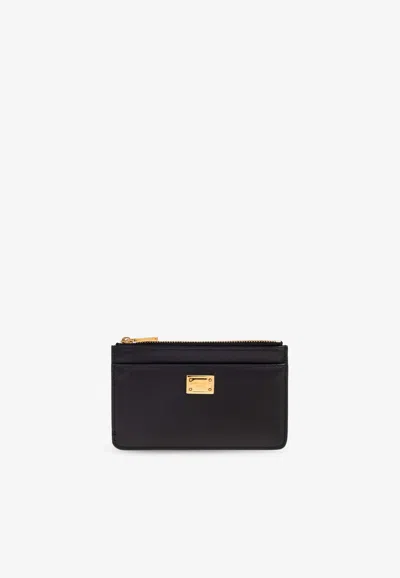 Dolce & Gabbana Logo Plaque Leather Zip Cardholder In Black