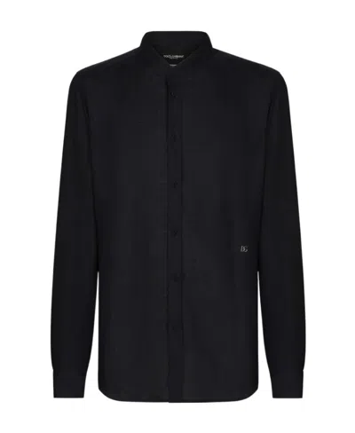 Dolce & Gabbana Linen Martini-fit Shirt With Dg Hardware In Black