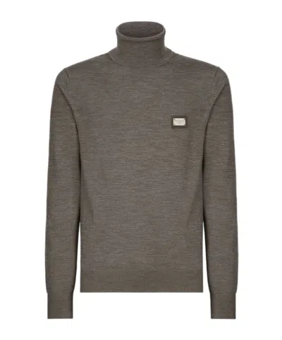 Dolce & Gabbana Wool Turtle-neck Sweater With Branded Tag In Grey