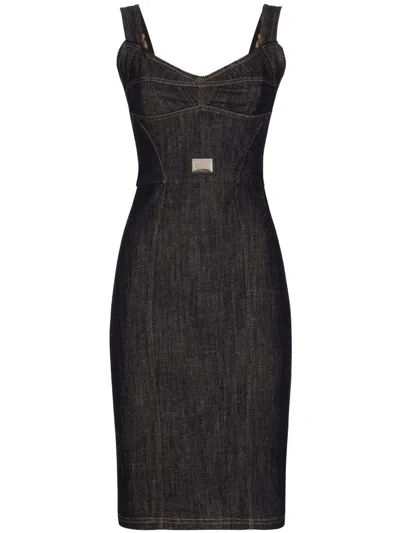 DOLCE & GABBANA LOGO-PLAQUE MIDI DENIM DRESS