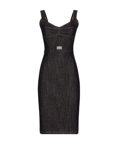 Dolce & Gabbana Logo-plaque Midi Denim Dress In Black