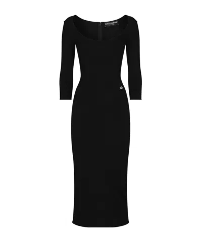 DOLCE & GABBANA DOLCE  GABBANA LOGO PLAQUE SCOOP NECK MIDI DRESS