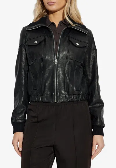 Dolce & Gabbana Logo Plaque Nappa Leather Zip-up Jacket In Black