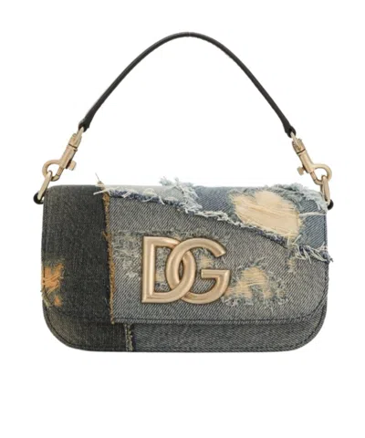 Dolce & Gabbana Logo Plaque Patchwork Denim Cross Body Bag In Gray