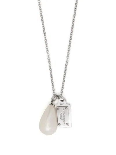 Dolce & Gabbana Logo-plaque Pearl-pendant Necklace In Silver