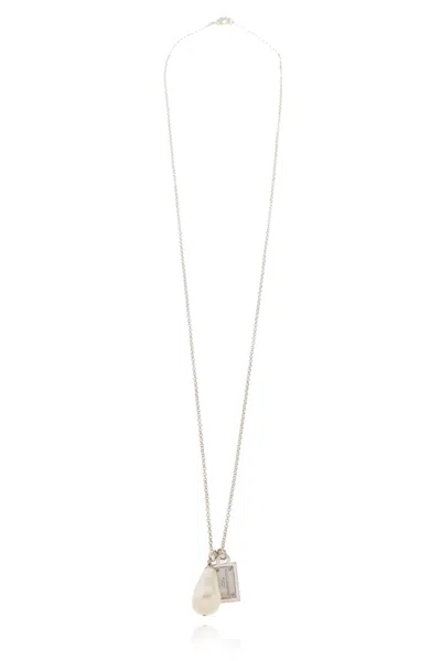 Dolce & Gabbana Logo-plaque Pearl-pendant Necklace In White