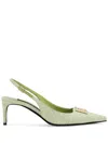Dolce & Gabbana Logo-plaque Raffia Slingback Pumps In Green