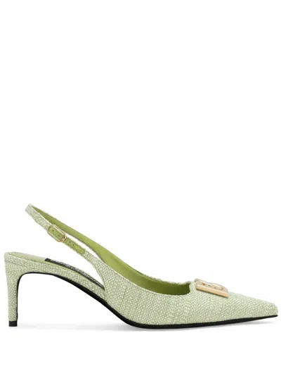 Dolce & Gabbana Logo-plaque Raffia Slingback Pumps In Green