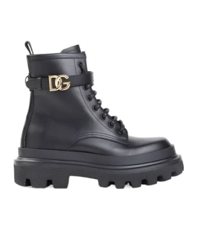 DOLCE & GABBANA DOLCE  GABBANA LOGO PLAQUE ROUND TOE ANKLE BOOTS