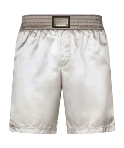 Dolce & Gabbana Logo-plaque Satin Swim Shorts In White