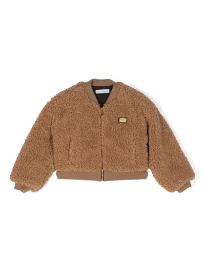 Dolce & Gabbana Kids' Logo-plaque Shearling Bomber Jacket In Brown